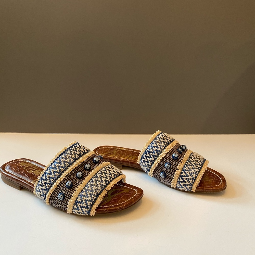 Sam Edelman Blue and Cream Woven Slide Sandals